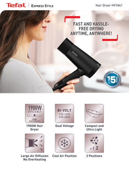 Tefal Express Style Hair Dryer Dual Voltage HV1841 ƒ?? 110V, 220V, 1900W, Ultra Light, Moving Air Nozzle, 2 Speeds