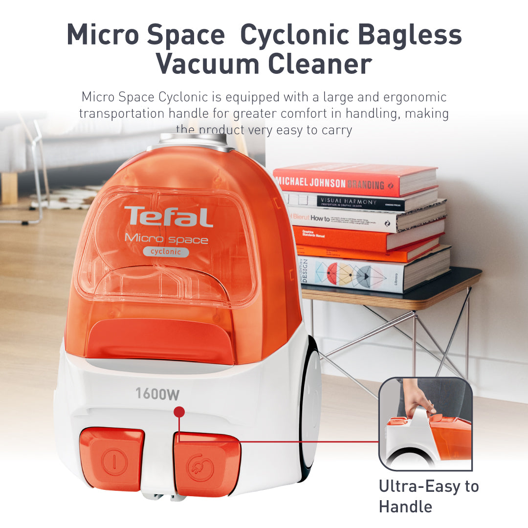 Tefal Micro Space Cyclonic Bagless Vacuum Cleaner TW3233  Power Efficient, Easy-to-Clean, 1600W, 1L Dust Bag