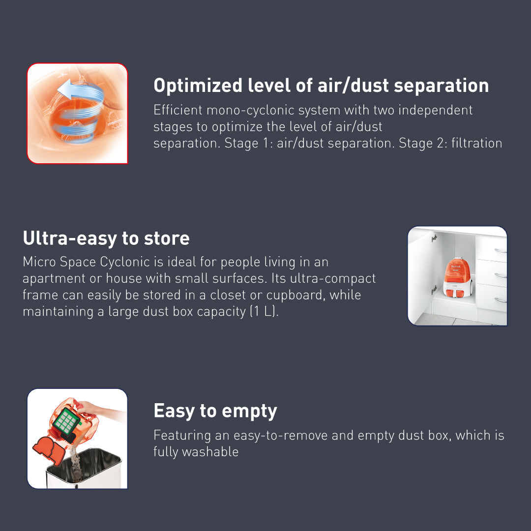 Tefal Micro Space Cyclonic Bagless Vacuum Cleaner TW3233  Power Efficient, Easy-to-Clean, 1600W, 1L Dust Bag