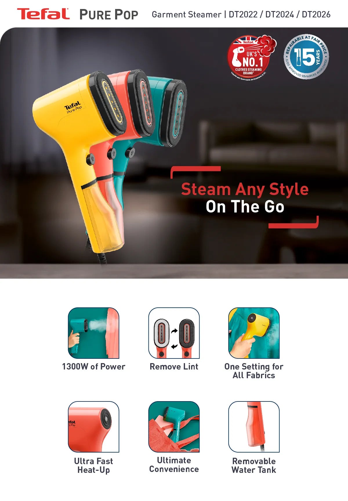 Tefal Pure Pop Handheld Garment Steamer DT2020 DT2022 DT2024 DT2026