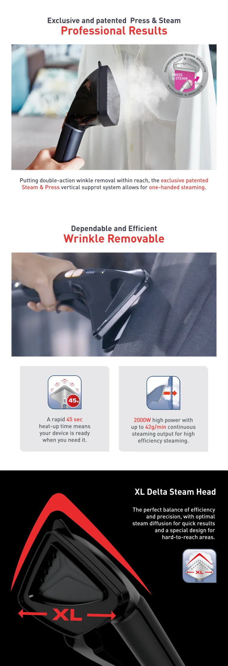 Tefal Pro Style Care Garment Steamer IT8480- 2000W, 1.3L removable water tank, XL delta steam head, No burn - safe for all fabrics, 5 included accessories