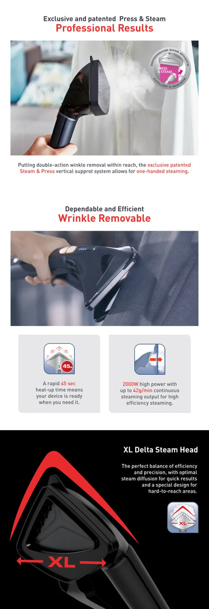 Tefal Pro Style Care Garment Steamer IT8480- 2000W, 1.3L removable water tank, XL delta steam head, No burn - safe for all fabrics, 5 included accessories