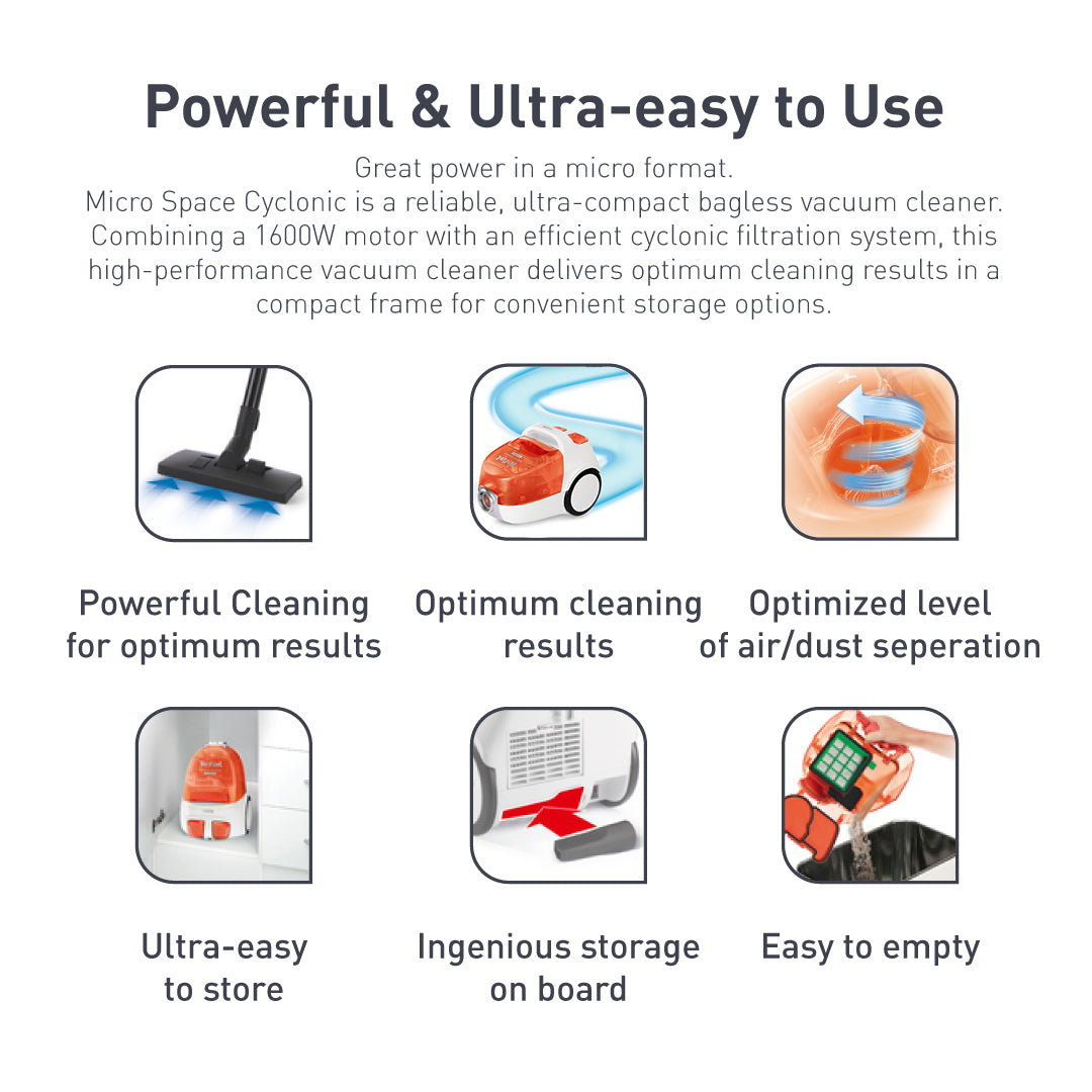 Tefal Micro Space Cyclonic Bagless Vacuum Cleaner TW3233  Power Efficient, Easy-to-Clean, 1600W, 1L Dust Bag