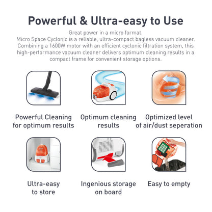 Tefal Micro Space Cyclonic Bagless Vacuum Cleaner TW3233  Power Efficient, Easy-to-Clean, 1600W, 1L Dust Bag