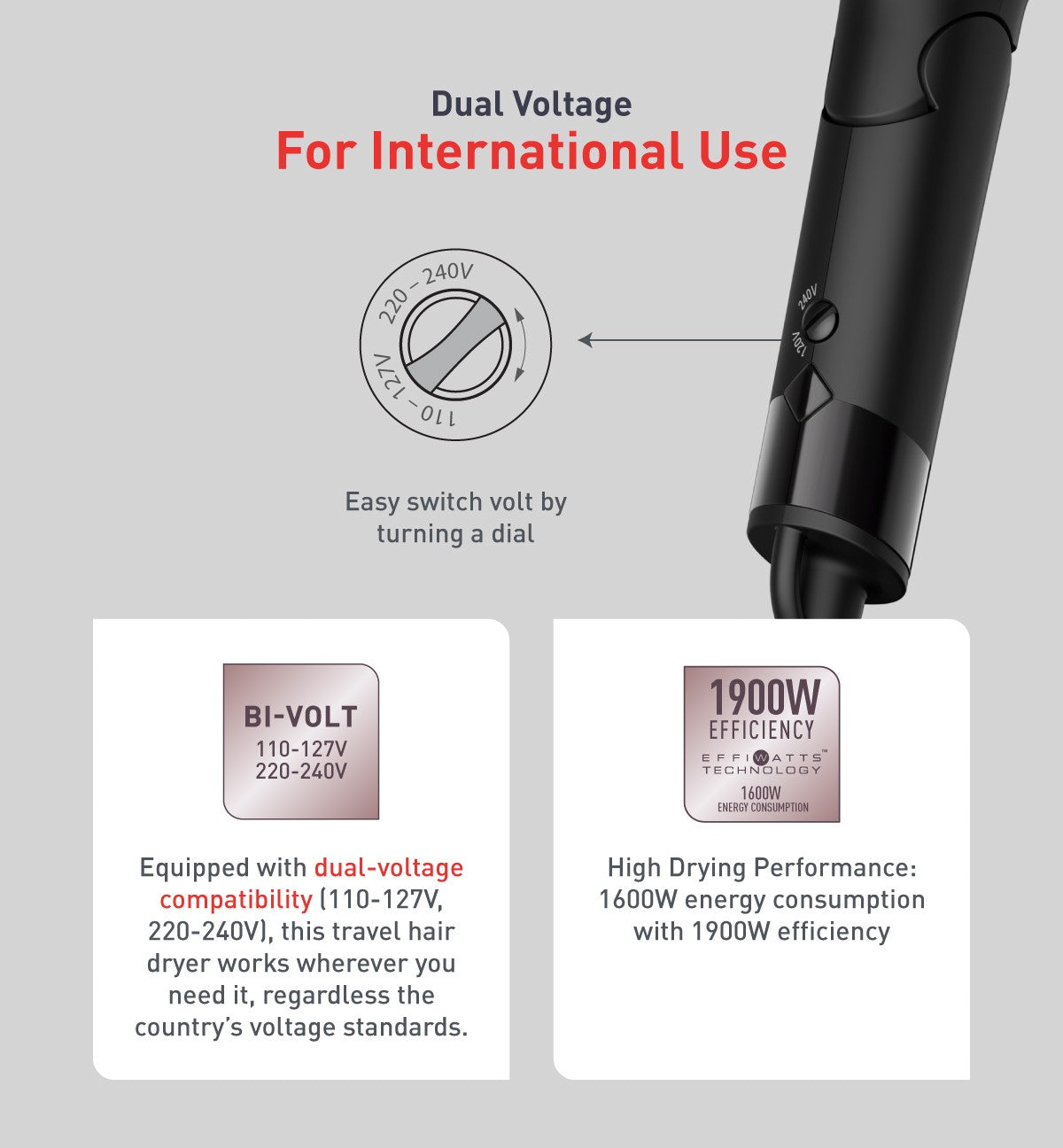 Tefal Express Style Hair Dryer Dual Voltage HV1841 ƒ?? 110V, 220V, 1900W, Ultra Light, Moving Air Nozzle, 2 Speeds